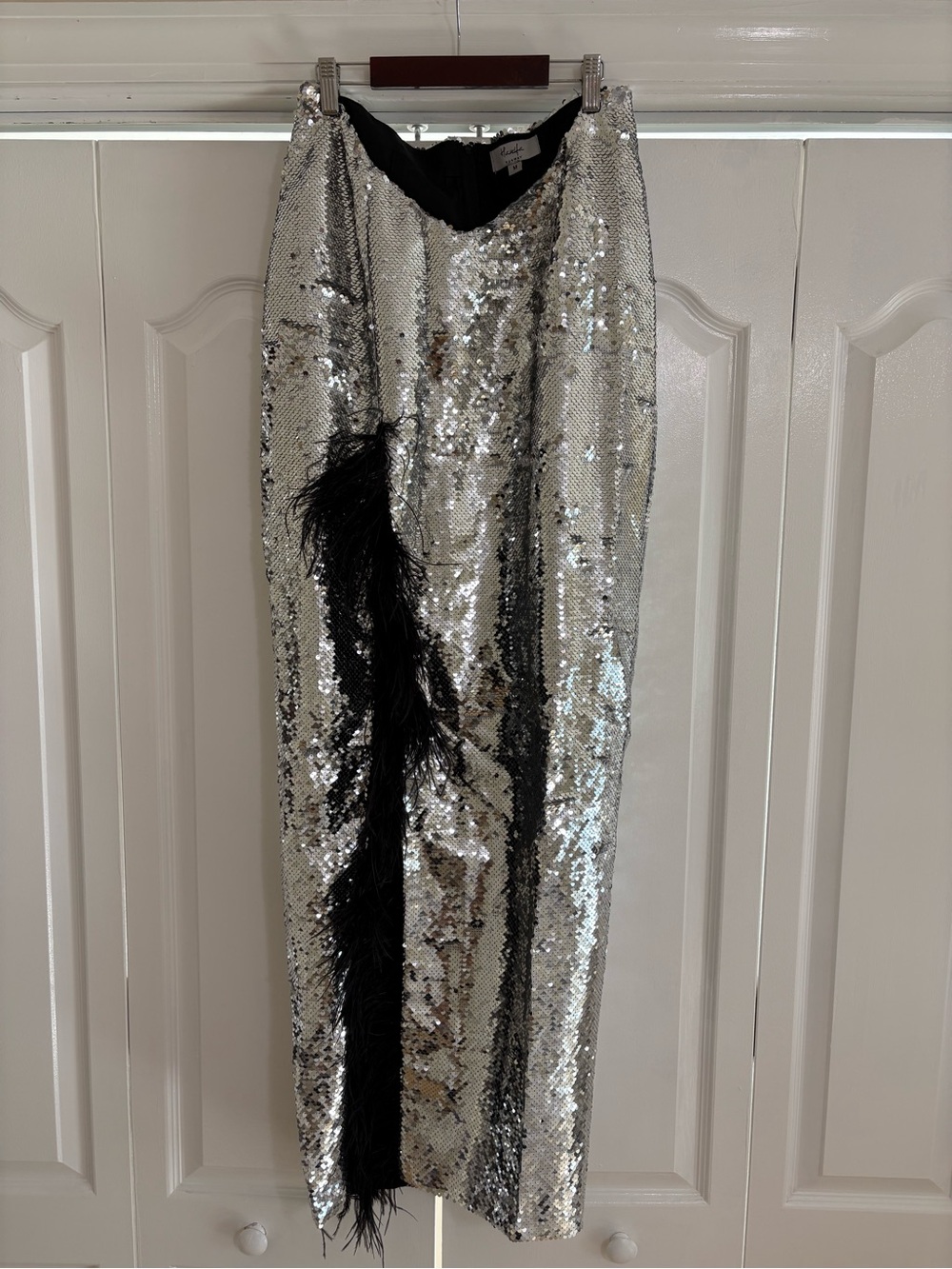 🩶 HANIFA Amara Silver Sequin Feather Maxi Skirt 🩶